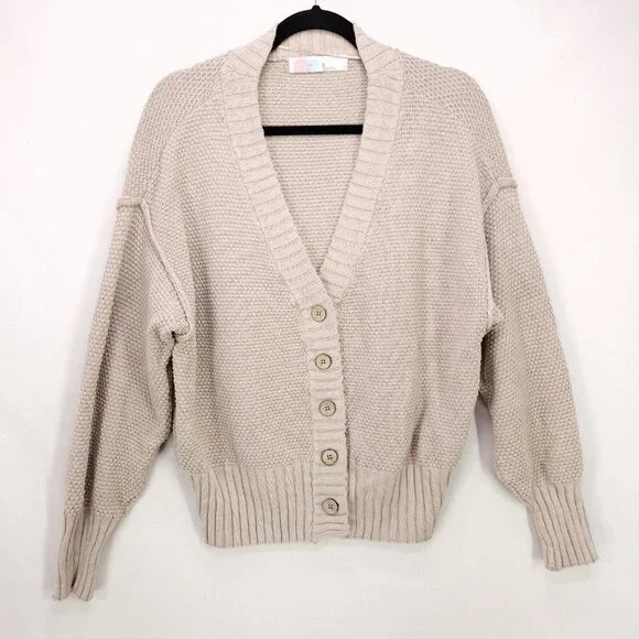 Free People Cardigan Sweater Hailee Cardi Chunky Knit Button Up Beige Size XS - Picture 2 of 14